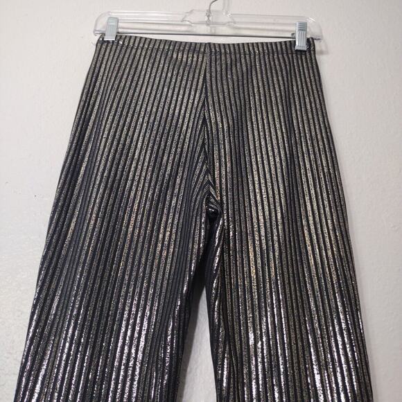 Metallic Disco Pants  Slim Striped Wide leg High Rise Flare Gold Black Size M - Picture 2 of 9